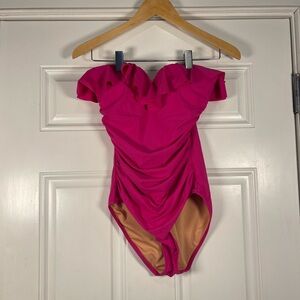J. Crew Pink Ruffled Strapless One Piece Swimsuit